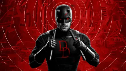 Daredevil: Born Again close-up in black suit with glowing red DD emblem and batons against concentric red sonar waves — 5K Ultra HD PC desktop wallpaper and background.