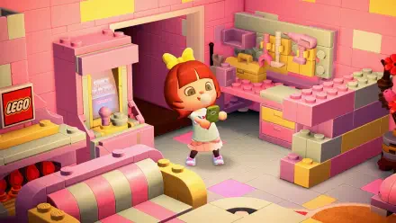 Animal Crossing: New Horizons 4K Ultra HD PC desktop wallpaper — pastel LEGO-style room with a smiling villager holding a cup amid pink and yellow block furniture.