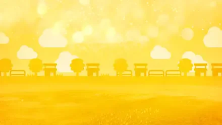 Tomodachi Life: Living the Dream HD PC desktop wallpaper - warm golden scene of silhouettes: park benches, trees and clouds over a sunlit grassy field with soft bokeh.