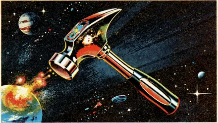4K Ultra HD PC desktop wallpaper: stylized chrome hammer floating in a retro cosmic scene of planets, stars and colorful nebula.