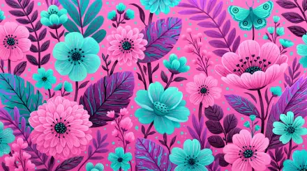 Floral 2K Quad HD PC desktop wallpaper and background: vivid pink and teal blossoms, leafy stems and a small butterfly on a magenta field.