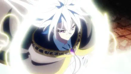 Anime HD PC desktop wallpaper/background of Will Serfort (Wistoria: Wand and Sword) — white-haired mage encased in radiant light, intense gaze, ornate cloak with a jewel.