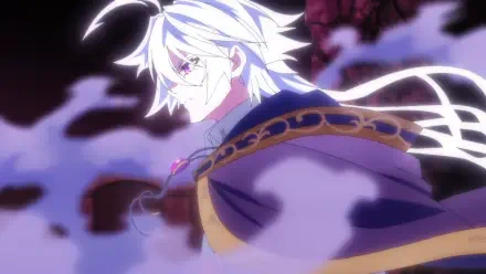 Anime HD PC desktop wallpaper of Will Serfort from Wistoria: Wand and Sword — white-haired sorcerer in a cloak, purple mist swirling around him, profile view.