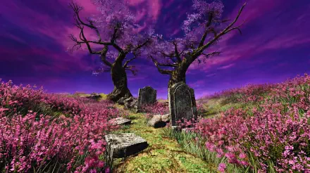 Dreamcore PS2-style 5K Ultra HD desktop wallpaper: purple-pink sky over a field of pink flowers, twisted trees and weathered tombstones with a surreal video game aesthetic.
