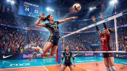 5K Ultra HD PC Desktop Wallpaper and Background: action volleyball scene in a packed arena — a spiker mid-air attacking over blockers, scoreboard 24–23, bright lights and roaring crowd.