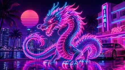 4K Ultra HD PC desktop wallpaper of a neon pink-and-blue dragon coiled on a reflective street beneath a retro Miami-style neon skyline.