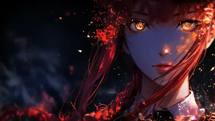 Chainsaw Man anime aesthetic 2K Quad HD PC wallpaper: close-up of a red-haired girl with glowing golden eyes, embers and red petals against a dark, moody background.