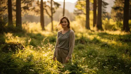 Mom standing in a sunlit forest clearing, soft golden light filtering through trees; serene portrait as a 4K Ultra HD PC desktop wallpaper and background.