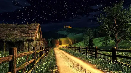 5K Ultra HD PC desktop wallpaper: PS2-core video game aesthetic of a starry night sky over green hills, a dirt road and cottages leading to a distant medieval castle.