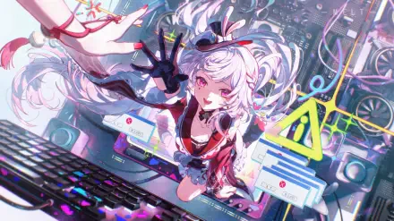Sparxie (Honkai: Star Rail) floats toward the viewer over a glowing keyboard with neon UI elements — vibrant Honkai: Star Rail video game 2K Quad HD PC desktop wallpaper.
