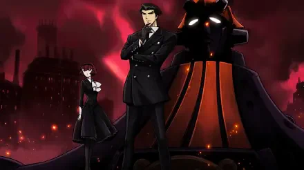 5K Ultra HD PC wallpaper of The Big O: Roger Smith and Dorothy in noir-mecha style, the towering Big O mecha looming over a blood-red industrial city skyline.