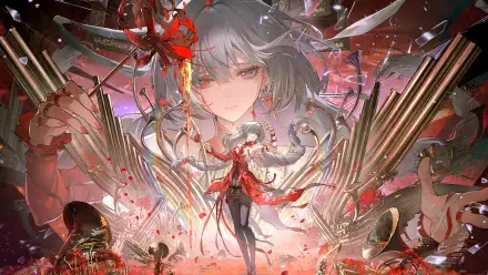 4K Ultra HD PC wallpaper of Phrolova (Wuthering Waves) — video game art: anime girl in a red coat before a colossal spectral portrait, ornate metallic wings and swirling rose petals.