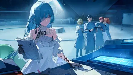 2K Quad HD PC wallpaper — video game Wuthering Waves: Phrolova (Wuthering Waves) as a doctor studies charts in a cool futuristic lab while colleagues consult displays.