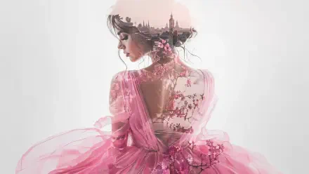 Double-exposure portrait of a woman in a flowing pink dress with cherry-blossom details and a faint city skyline, 4K Ultra HD PC desktop wallpaper.