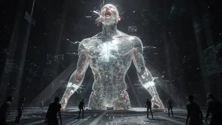 4K Ultra HD sci‑fi PC desktop wallpaper/background: a towering translucent robot screaming in a vast dark chamber, tiny silhouetted figures and floating holographic data surrounding it.