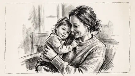 Pencil sketch 5K Ultra HD PC desktop wallpaper of a parent warmly embracing a young child by a window.