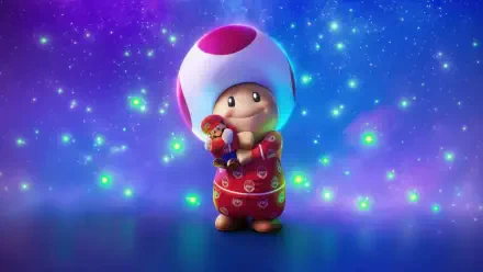 4K Ultra HD PC wallpaper: Toad-like mushroom character cradles a tiny Mario figurine against a starry Super Mario Galaxy Movie cosmic backdrop.