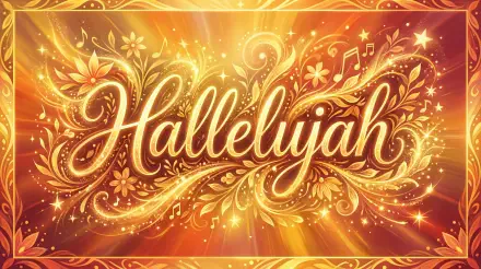 Glowing golden script Hallelujah with ornate floral swirls and musical notes on a radiant orange background — 5K Ultra HD PC desktop wallpaper/background.