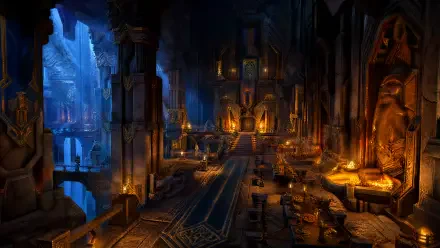 4K Ultra HD PC desktop wallpaper: a vast torchlit dwarven hall with towering stone pillars, carved statues, glowing forges, long banners and a distant icy cavern opening.