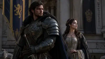 4K Ultra HD PC desktop wallpaper: a fantasy knight in dark armor serving as bodyguard beside a royal lady in an ornate gown beneath heraldic banners.