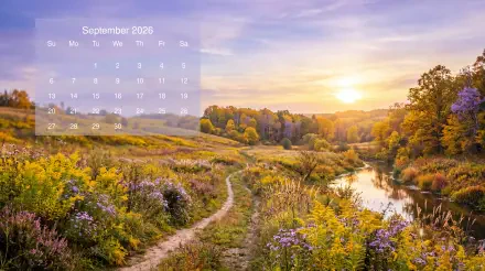 September 2026 calendar on 5K Ultra HD PC desktop wallpaper: sunrise over a winding path through wildflower-covered hills and a reflective river.