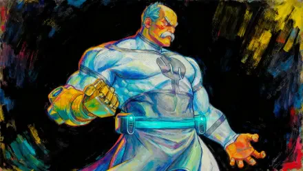 Conquest (Invincible) in bold, neon brushstrokes, towering with a glowing gauntlet and clenched fist — vibrant 4K Ultra HD PC desktop wallpaper and background.