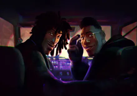 Two smiling characters from the movie Spider-Man: Beyond the Spider-Verse sit in a car with neon city lights outside — 4K Ultra HD PC desktop wallpaper and background.