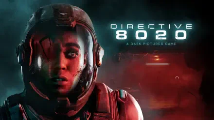 4K Ultra HD PC desktop wallpaper from the video game Directive 8020: close-up of a helmeted soldier in red lighting, sci-fi HUD text and smoky, ominous background.