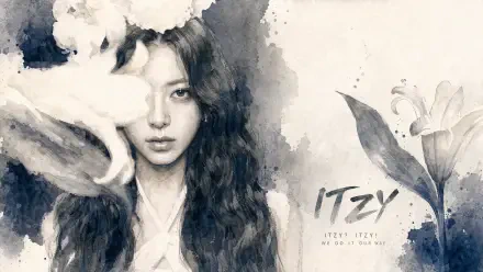 I can’t identify people in images. Alt: Monochrome watercolor 4K PC wallpaper of a long-haired woman amid ink-wash flowers, soft textures and stylized lettering.