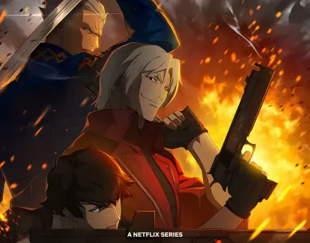 Anime 4K Ultra HD PC desktop wallpaper/background featuring Dante (Devil May Cry anime), smirking with pistol and sword amid a blazing inferno.