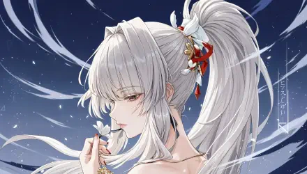 Hiyuki (Wuthering Waves) in profile with long white hair tied high with red ribbons, holding a flower against a starry blue sky — 4K Ultra HD PC desktop wallpaper/background.