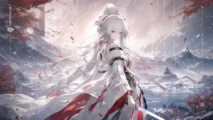Hiyuki (Wuthering Waves) in a flowing white-and-red kimono, sword drawn amid snowy moonlit pagodas and drifting petals — 4K Ultra HD PC desktop wallpaper and background.