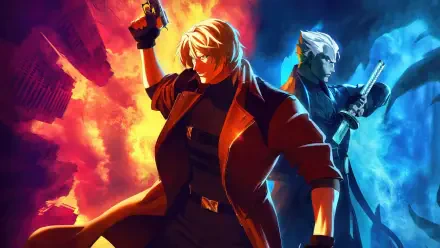 Devil May Cry anime 4K Ultra HD PC desktop wallpaper: two sword-wielding brothers back-to-back — one in red amid flames, the other in blue amid icy light.