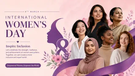International Women's Day 4K Ultra HD PC desktop wallpaper: diverse group of smiling women, purple ribbon and floral silhouette with International Women's Day text.