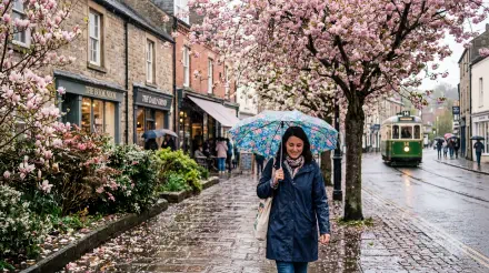 Spring rain: person with floral umbrella walks under cherry blossoms on wet cobblestone street with tram and storefronts — 5K Ultra HD PC desktop wallpaper and background.