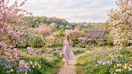 Pastel spring 5K Ultra HD PC desktop wallpaper: a woman in a floral dress strolls down a blossom-lined path toward a thatched cottage amid blooming gardens.
