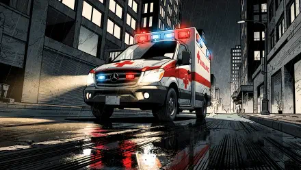 4K Ultra HD PC desktop wallpaper background: nighttime urban scene with a red-and-white ambulance speeding through wet streets, lights flashing and reflecting on the pavement.