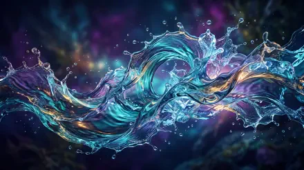 Vibrant turquoise and purple liquid ribbons and droplets twisting over a dark bokeh field — 5K Ultra HD PC Desktop Wallpaper and Background.