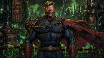 Homelander in a 4K Ultra HD PC desktop wallpaper: armored, bloodstained superhero with glowing red eyes and tattered cape, industrial toxic cityscape looming behind him.