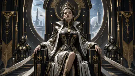 Sci-fi royal woman empress in regal armor seated on an ornate throne with armored guards and a futuristic city backdrop — 4K Ultra HD PC desktop wallpaper/background.