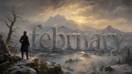 4K Ultra HD PC desktop wallpaper and background: wintry mountain February scene with giant stone February letters, lone figure on a cliff overlooking a frozen lake beneath a golden dusk sky.