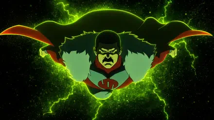 Thragg (Invincible) charges forward, cape billowing, fur collar and green energy crackling — 4K Ultra HD PC desktop wallpaper/background.