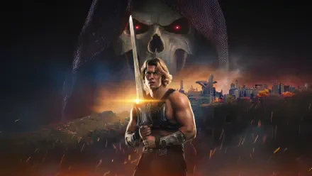 He-Man holding the Power Sword before a burning city with Skeletor's skull looming above — Masters of the Universe (2026) 5K Ultra HD PC desktop wallpaper/background.