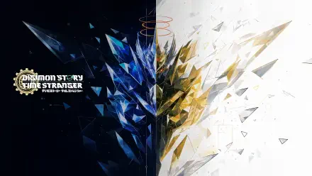 Digimon Story Time Stranger 4K Ultra HD PC desktop wallpaper and background: split dark and light crystalline shards form a mirrored Digimon silhouette beside the game logo.