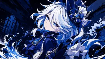 4K Ultra HD PC desktop wallpaper and background of Furina (Genshin Impact): white-haired figure in a flowing blue gown, surrounded by swirling water effects against a dark, starry backdrop.