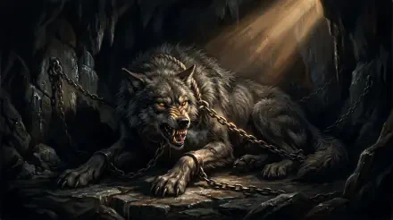 Fenrir, a massive snarling wolf chained in a shadowed cave with a shaft of light cutting through dust — 5K Ultra HD PC desktop wallpaper and background.