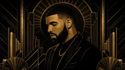 Stylized gold-and-black portrait of a bearded man in a suit with an art-deco geometric halo, 4K Ultra HD PC desktop wallpaper and background.