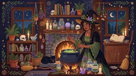 Witchcore 5K Ultra HD PC desktop wallpaper: a witch stirs a bubbling cauldron by a cozy fireplace, surrounded by potions, skulls, herbs, spellbooks and a black cat.
