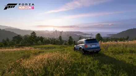 Forza Horizon 6 video game 4K Ultra HD PC desktop wallpaper: blue SUV on a grassy hill overlooking a sunlit valley and distant city at sunrise.