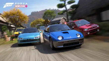 Forza Horizon 6 video game 4K Ultra HD PC desktop wallpaper/background: three rally cars speeding down a sunlit village road with trees and mountains in the distance.